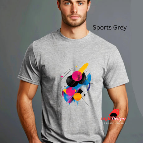 "Geometric space-inspired t-shirt with vivid cosmic colors and planet eclipse design"