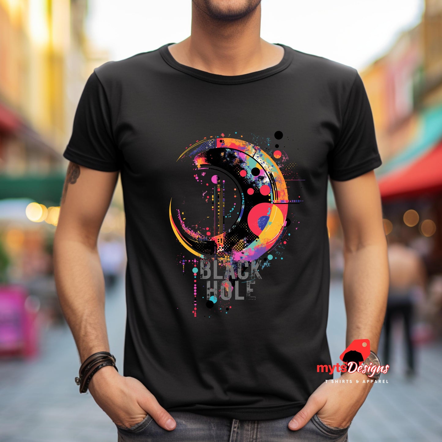 Black Hole T-shirt, Geometric Space-Inspired T-Shirt in Vivid Colors | Unique Outer Space Design for Sci-Fi Lovers