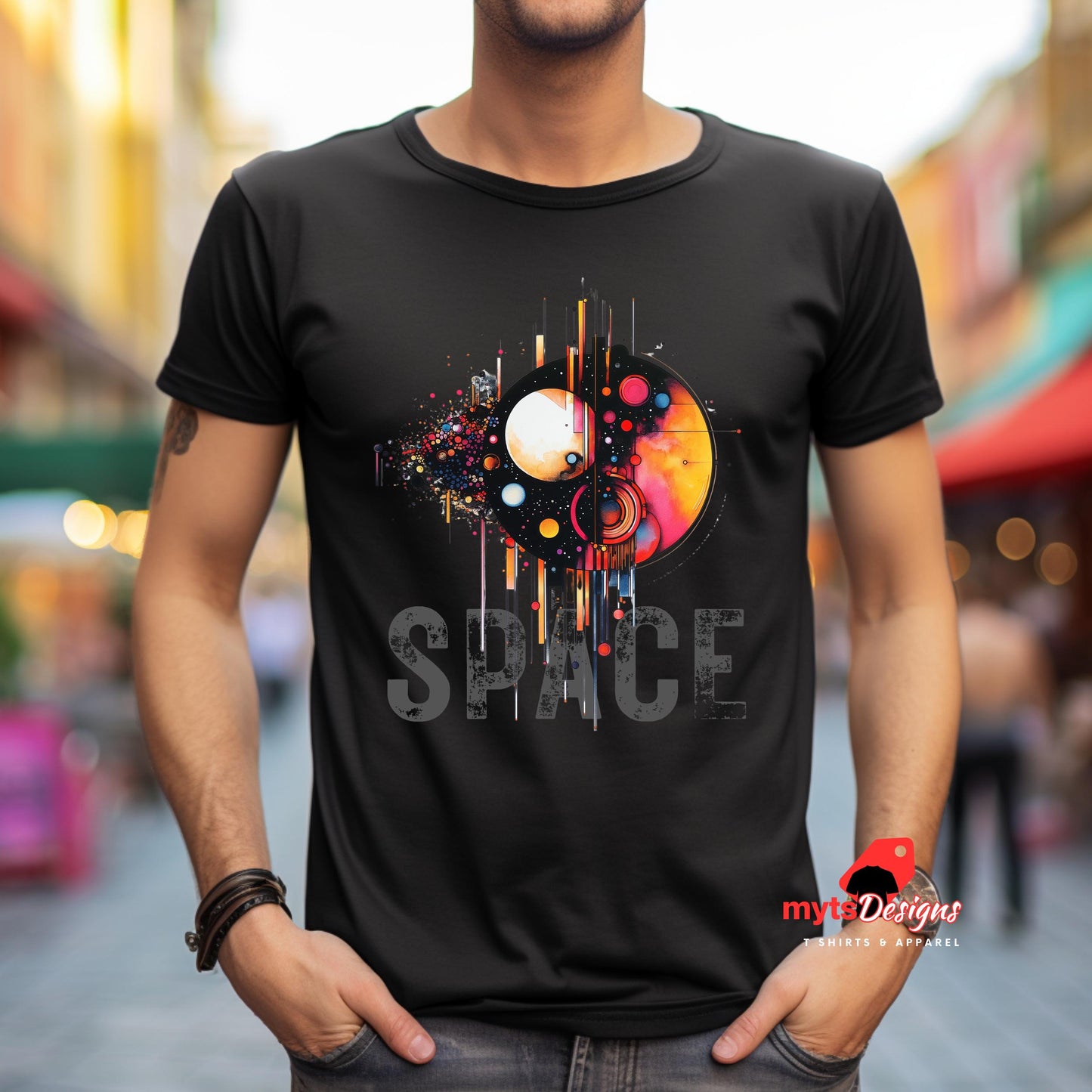 Geometric Space T-shirt Geometric Space-Inspired T-Shirt in Vivid Colors | Unique Outer Space Design for Sci-Fi Lovers