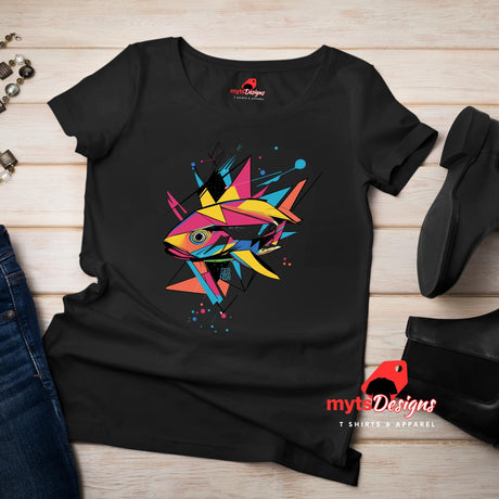 A black t-shirt with a vibrant, geometric design of a fish on the front.