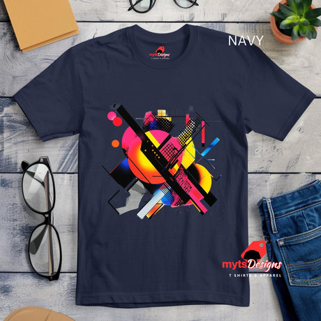 Modern geometric abstract T-shirt with bold colorful shapes printed on Navy cotton tee