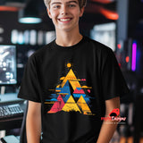 Front view of vivid geometric pyramid T-shirt featuring multicolor radiant design on black cotton tee worn b a young man