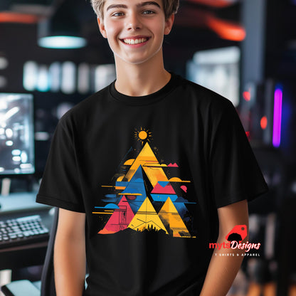 Front view of vivid geometric pyramid T-shirt featuring multicolor radiant design on black cotton tee worn b a young man