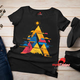 Flat Lay view of vivid geometric pyramid T-shirt featuring multicolor radiant design on black cotton tee
