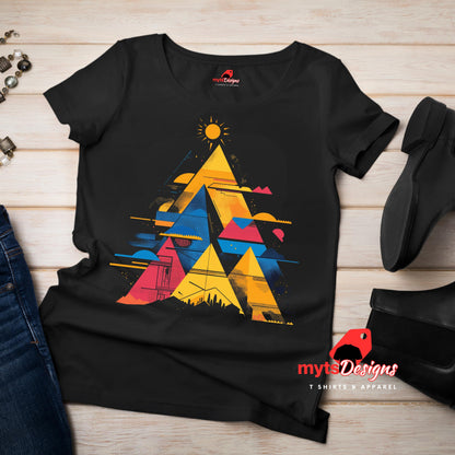 Flat Lay view of vivid geometric pyramid T-shirt featuring multicolor radiant design on black cotton tee