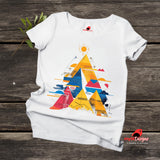 Flat lay view of vivid geometric pyramid T-shirt featuring multicolor radiant design on white cotton tee