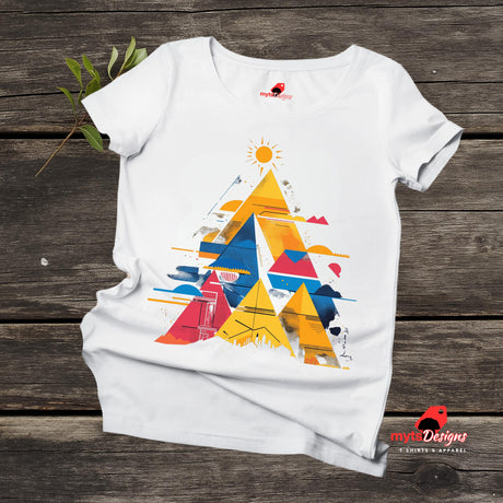Flat lay view of vivid geometric pyramid T-shirt featuring multicolor radiant design on white cotton tee