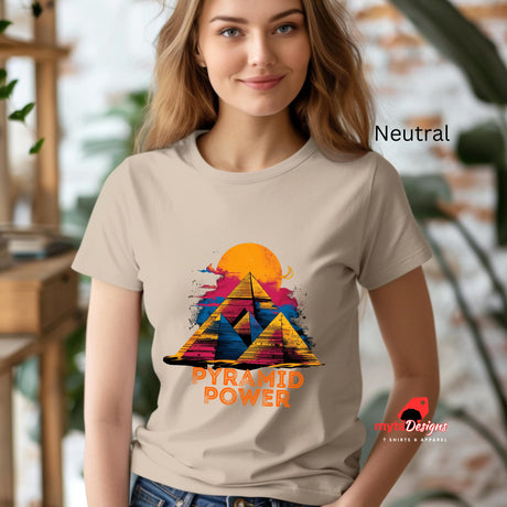 Front view of Neutral  T-shirt with  pyramid and sacred geometric lines – bold symmetrical design on Gildan cotton
