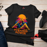 Flat Lay view of black T-shirt with PYrimid Power" Text, pyramids and sacred geometric lines – bold symmetrical design on Gildan cotton