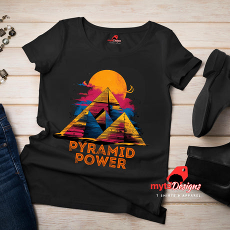 Flat Lay view of black T-shirt with PYrimid Power" Text, pyramids and sacred geometric lines – bold symmetrical design on Gildan cotton