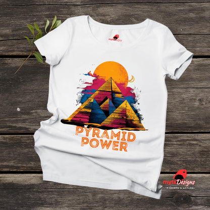 Flat Lay view of white T-shirt with  pyramids and sacred geometric lines – bold symmetrical sun design on Gildan cotton