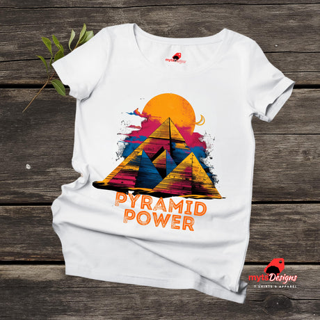 Flat Lay view of white T-shirt with  pyramids and sacred geometric lines – bold symmetrical sun design on Gildan cotton