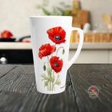 White ceramic latte mug featuring elegant red poppy floral botanical illustration
