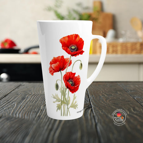 White ceramic latte mug featuring elegant red poppy floral botanical illustration