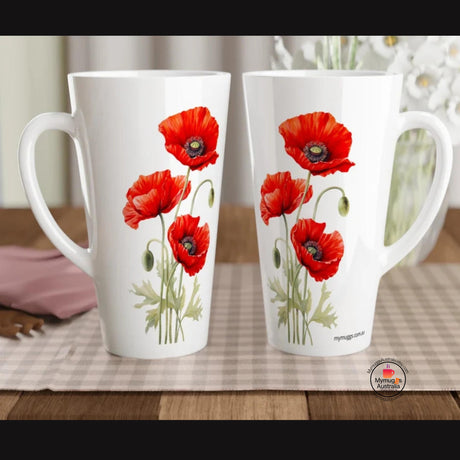 White ceramic latte mug featuring elegant red poppy floral botanical illustration