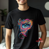 Front view of a young man wearing a black T-shirt featuring mystical all-seeing eye with geometric sacred patterns – printed on soft Gildan cotton