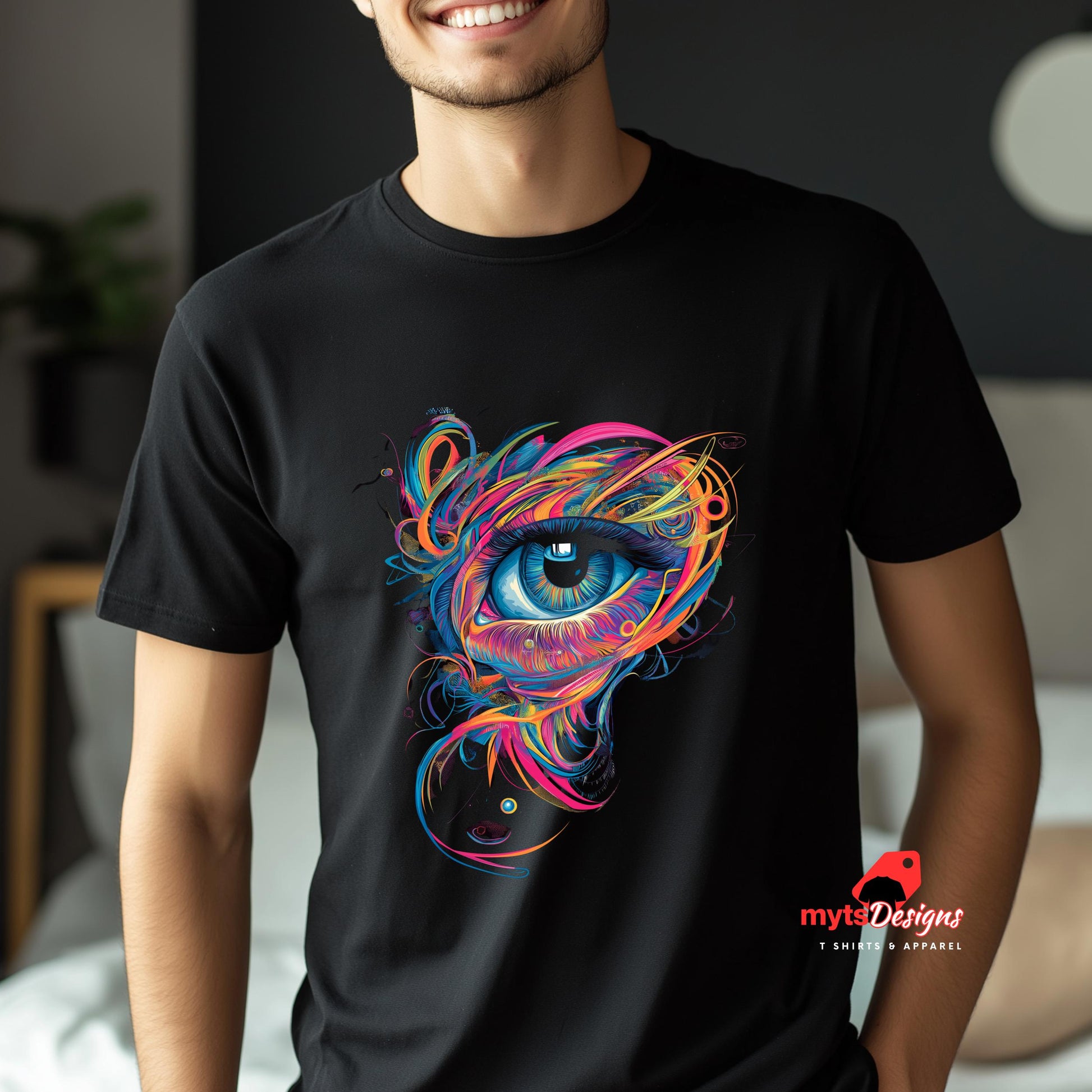 Front view of a young man wearing a black T-shirt featuring mystical all-seeing eye with geometric sacred patterns – printed on soft Gildan cotton