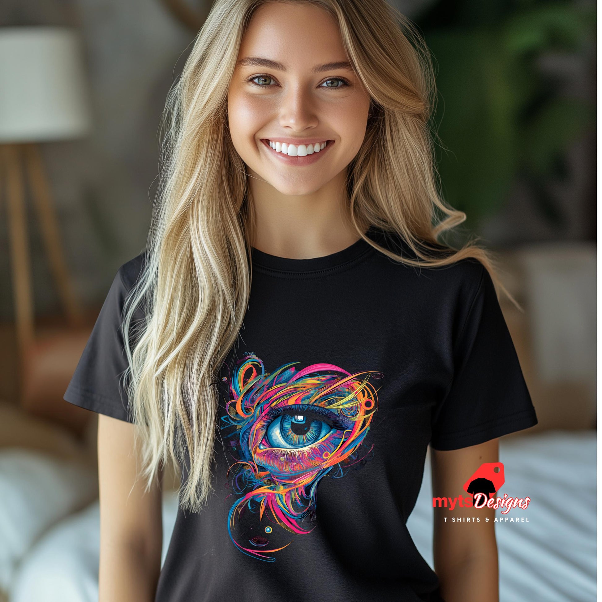 Front view of a young girl wearing a  black T-shirt featuring mystical all-seeing eye with geometric sacred patterns – printed on soft Gildan cotton