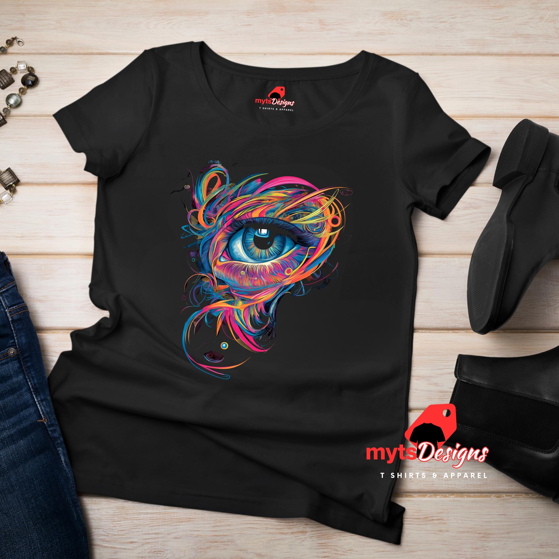 Flat lay of black geometric mystical T-shirt – eye of providence styled artwork in fine detail

