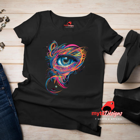 Flat lay of black geometric mystical T-shirt – eye of providence styled artwork in fine detail

