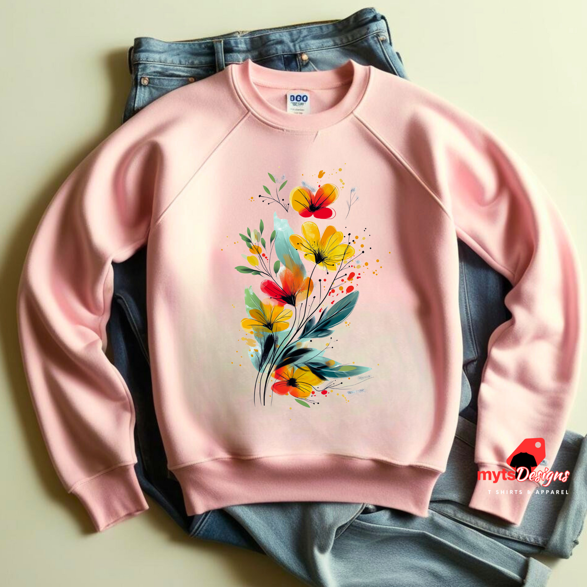 A light pink sweatshirt featuring an artistic watercolor floral design with red, yellow, and orange wildflowers accented by lush green leaves and delicate splatters.

t