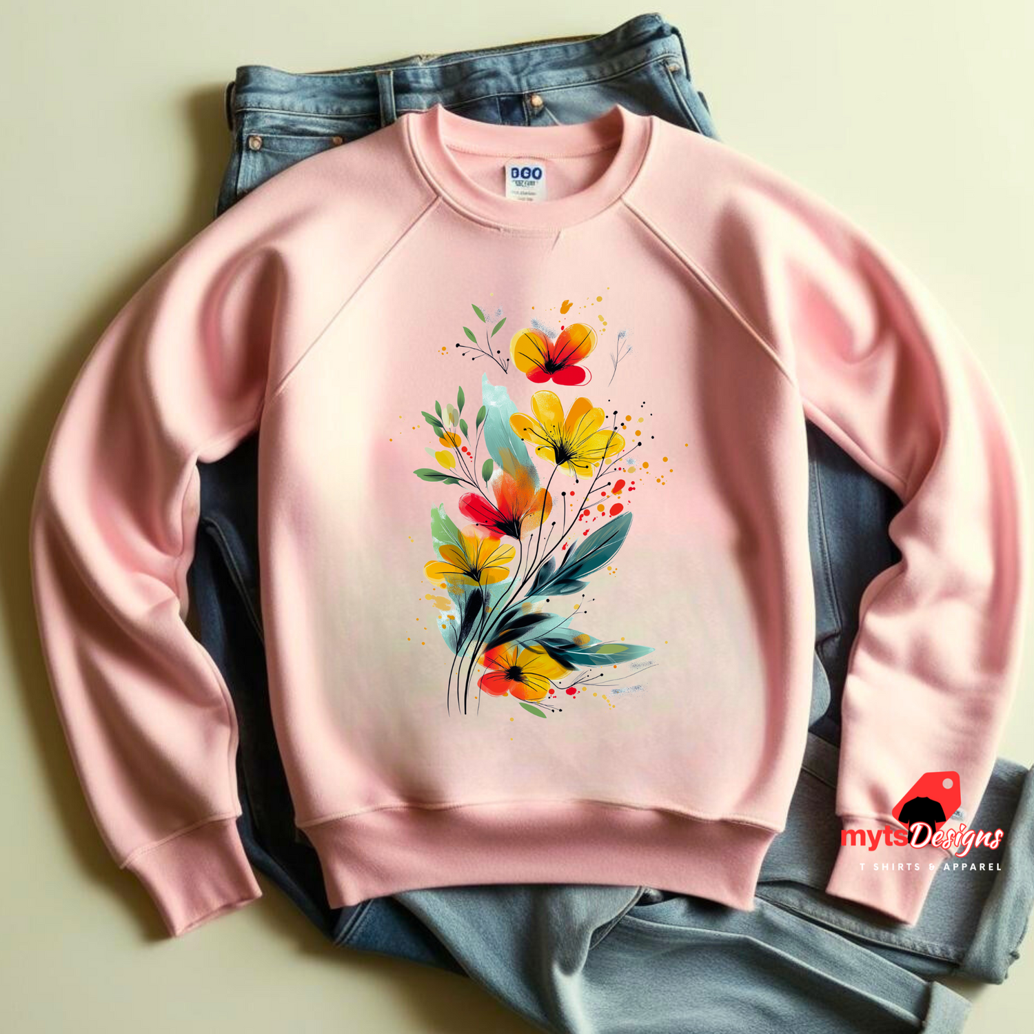 A light pink sweatshirt featuring an artistic watercolor floral design with red, yellow, and orange wildflowers accented by lush green leaves and delicate splatters.

t