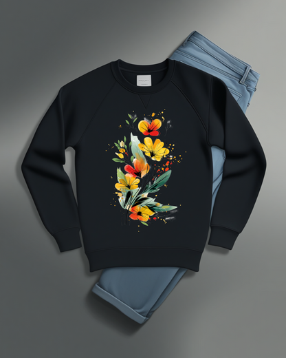 Ablack sweatshirt featuring an artistic watercolor floral design with red, yellow, and orange wildflowers accented by lush green leaves and delicate splatters.

