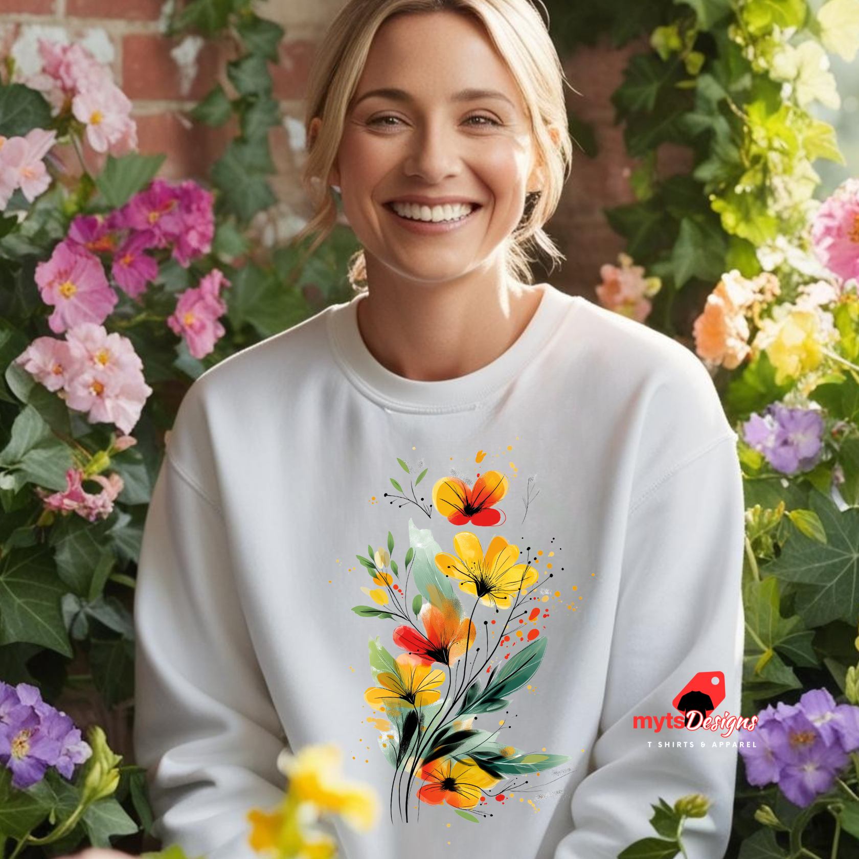 A white sweatshirt featuring an artistic watercolor floral design with red, yellow, and orange wildflowers accented by lush green leaves and delicate splatters.

