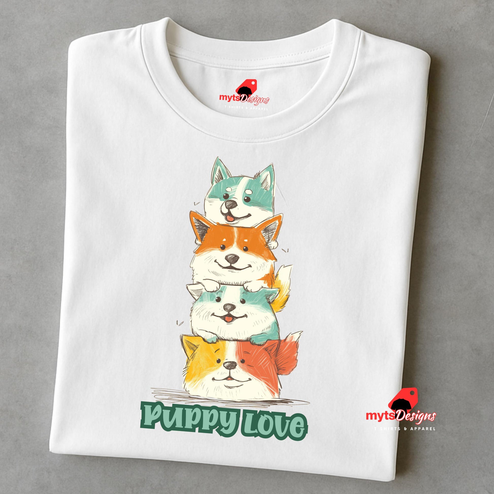A folded white T-shirt featuring a colorful graphic of four stacked cartoon puppies in teal, orange, cream, and yellow shades with the words “Puppy Love” in playful green text below

