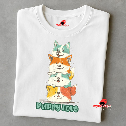 A folded white T-shirt featuring a colorful graphic of four stacked cartoon puppies in teal, orange, cream, and yellow shades with the words “Puppy Love” in playful green text below

