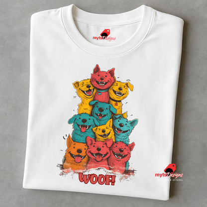 A folded white T-shirt featuring a vibrant graphic of cartoon puppies stacked in red, orange, blue, and yellow hues, with the playful text “WOOF! below the design.