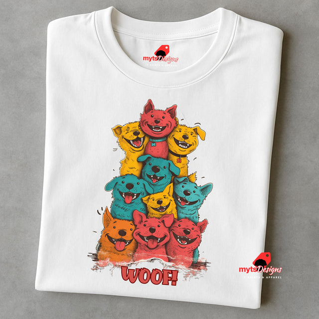 A folded white T-shirt featuring a vibrant graphic of cartoon puppies stacked in red, orange, blue, and yellow hues, with the playful text “WOOF! below the design.