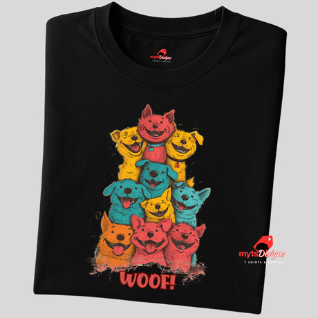 A folded black T-shirt featuring a vibrant graphic of cartoon puppies stacked in red, orange, blue, and yellow hues, with the playful text “WOOF!” below the design.