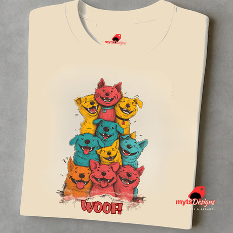 A folded neutral T-shirt featuring a vibrant graphic of cartoon puppies stacked in red, orange, blue, and yellow hues, with the playful text “WOOF!” below the design.