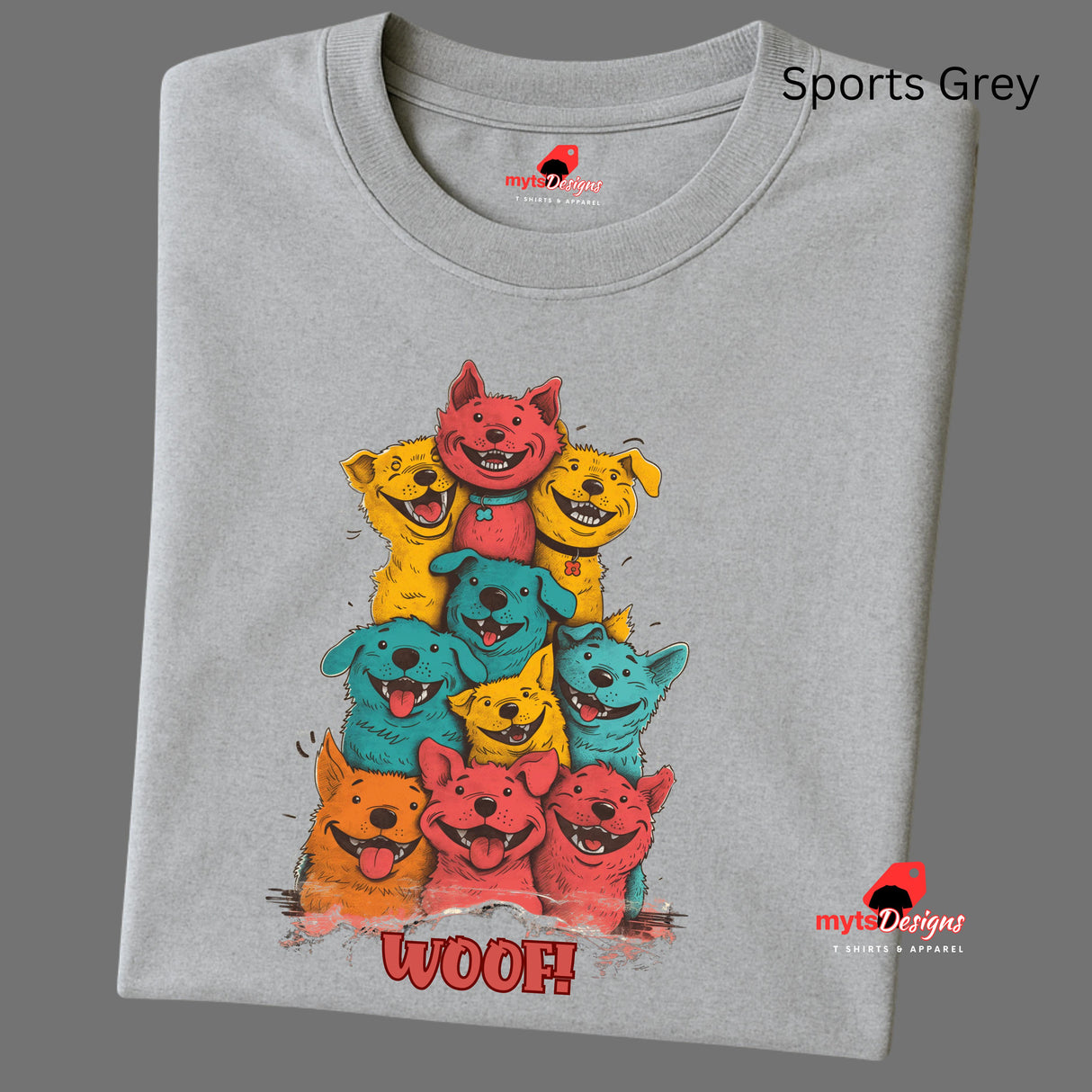 A folded sports grey T-shirt featuring a vibrant graphic of cartoon puppies stacked in red, orange, blue, and yellow hues, with the playful text “WOOF!” below the design.