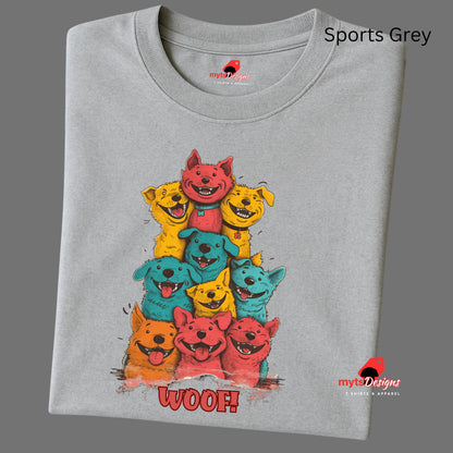A folded sports grey T-shirt featuring a vibrant graphic of cartoon puppies stacked in red, orange, blue, and yellow hues, with the playful text “WOOF!” below the design.