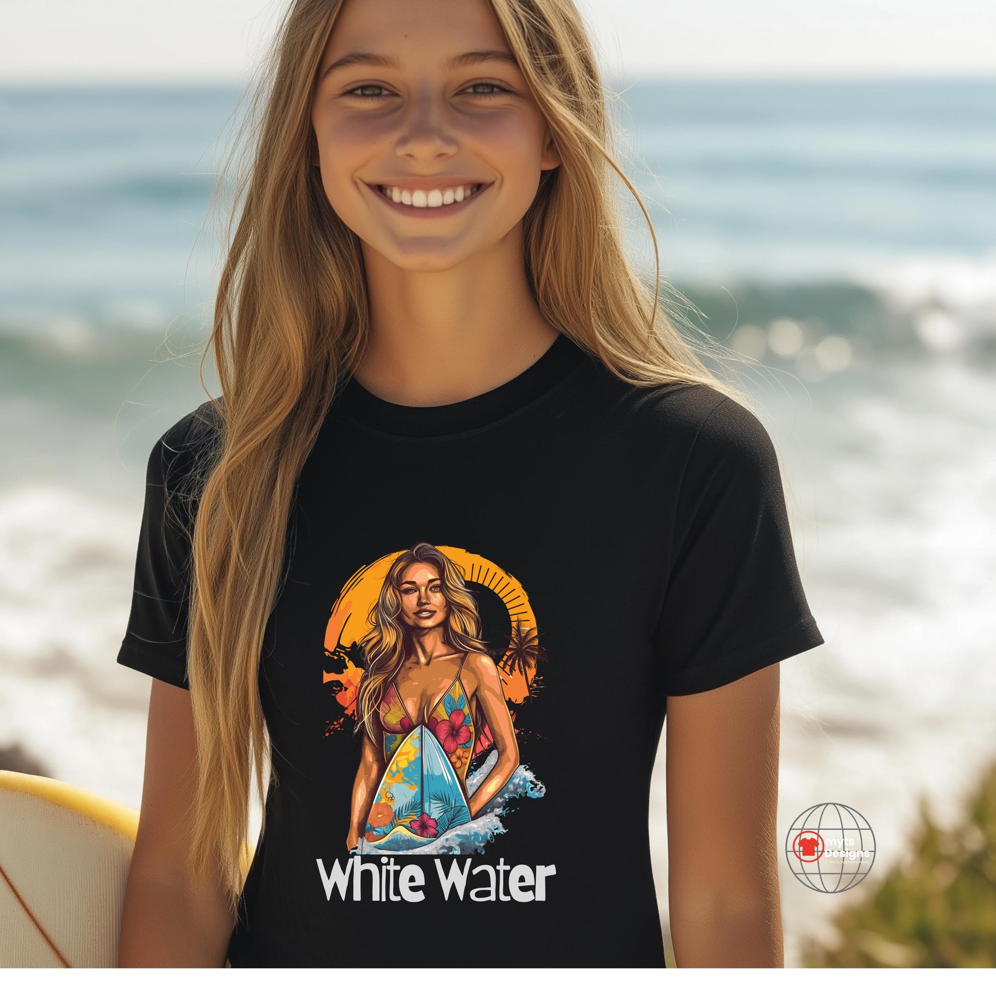 Young girl on the beach wearing a White Water Surf Girl  black T-Shirt 