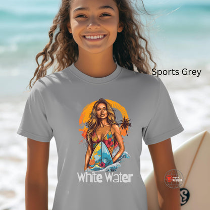 A Young girl at the beach wearing a grey Water Surf Girl T-Shirt 