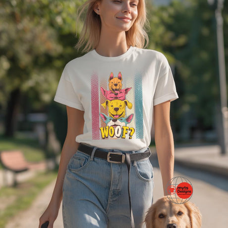 Person wearing a white t-shirt with a cartoon dog design, standing outdoors with a blurred background