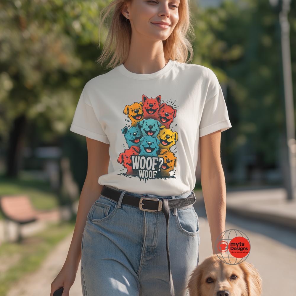 Woman wearing a white t-shirt with colorful dog graphic and text, standing outdoors with a dog.