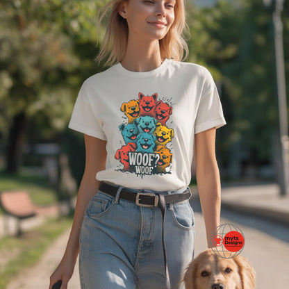 Woman wearing a white t-shirt with colorful dog graphic and text, standing outdoors with a dog.