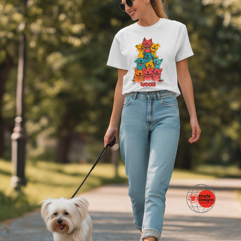 Woman walking a dog in a park wearing a white t-shirt with colorful graphic design.