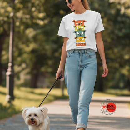 Woof! Stacked Cartoon Dogs T-Shirt – Fun & Playful Puppy Graphic Tee | MytsDesigns