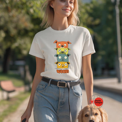 Woof! Stacked Cartoon Dogs T-Shirt – Fun & Playful Puppy Graphic Tee | MytsDesigns