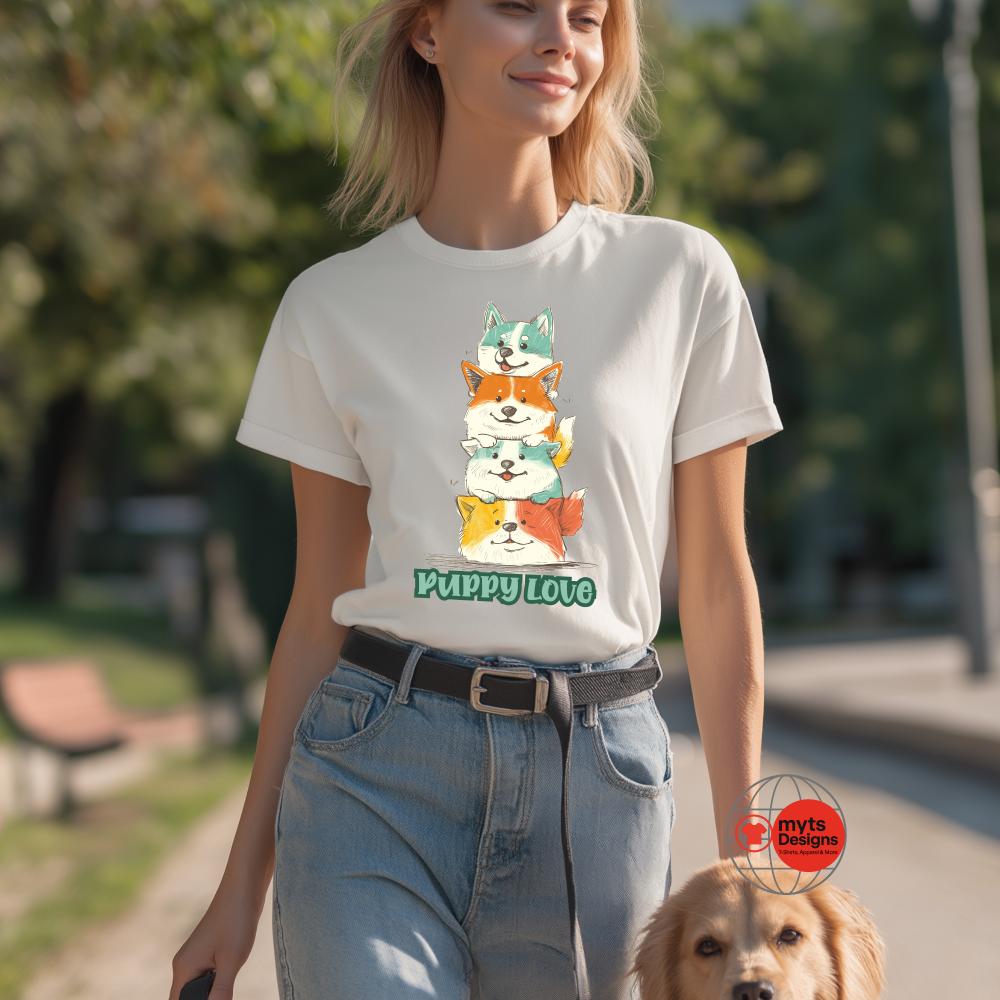 Woman wearing a white t-shirt with a dog graphic and 'Puppy Love' text, standing outdoors.