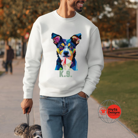 Person wearing a white sweatshirt with a colorful dog graphic and 'K9' text, standing outdoors.