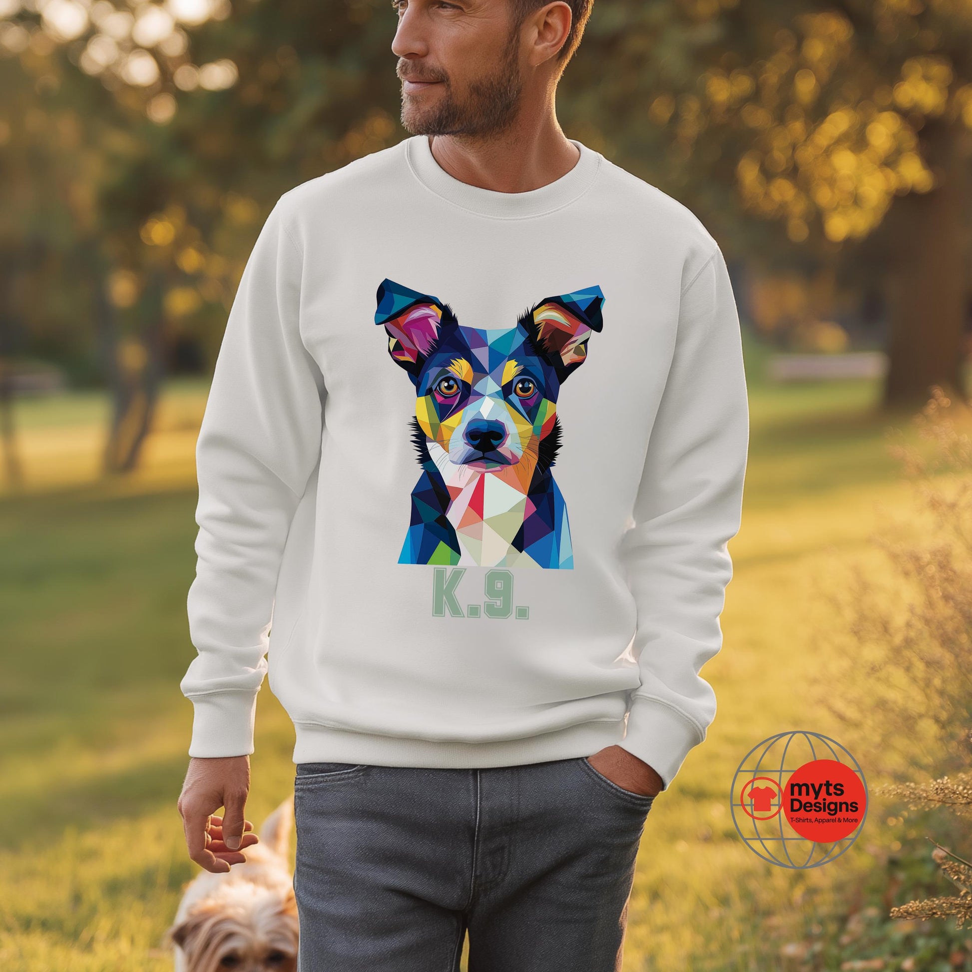 Man wearing a white sweatshirt with a colorful dog design and 'K9' text, standing in a park.