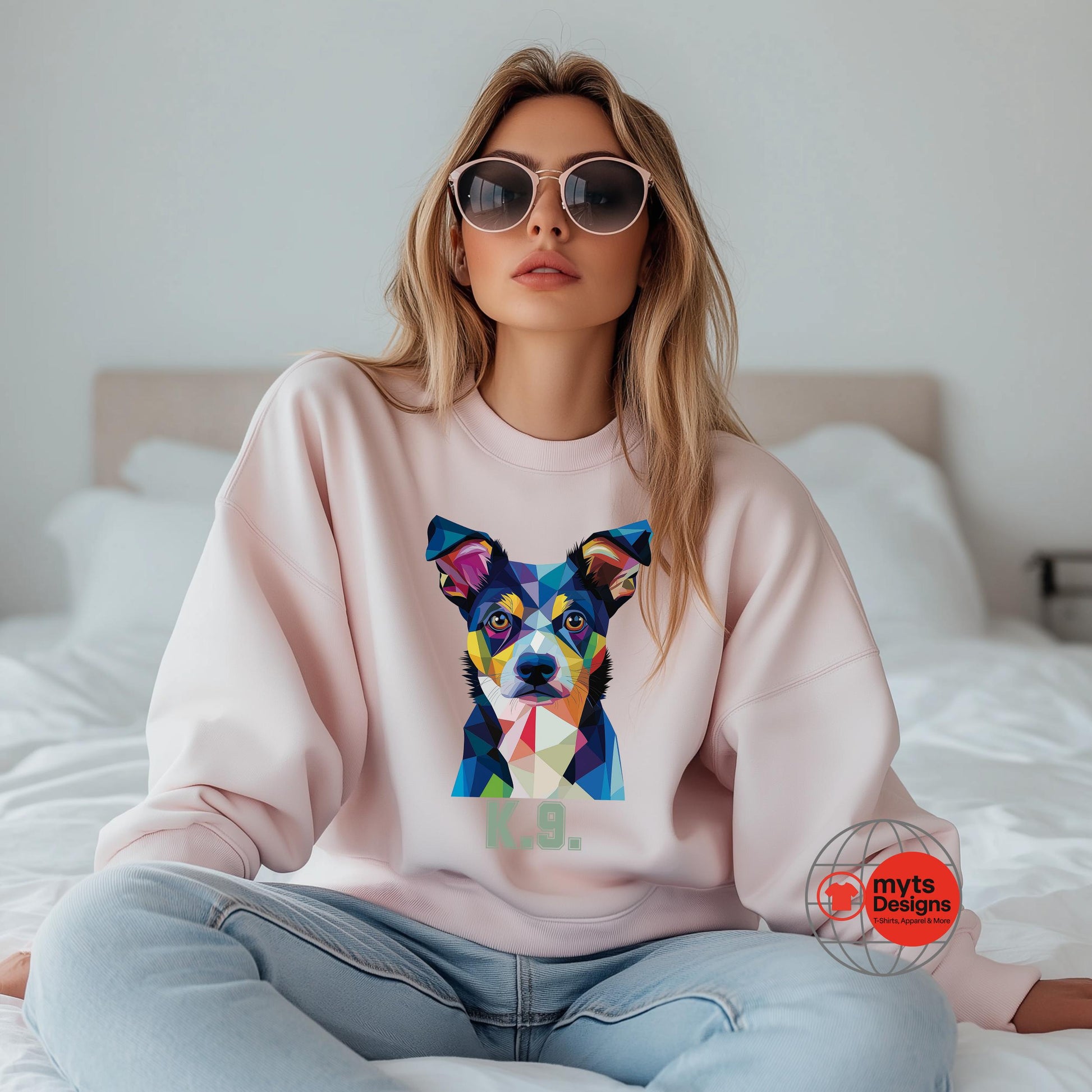 Woman wearing a pink sweatshirt with a colorful dog design, sitting on a bed.