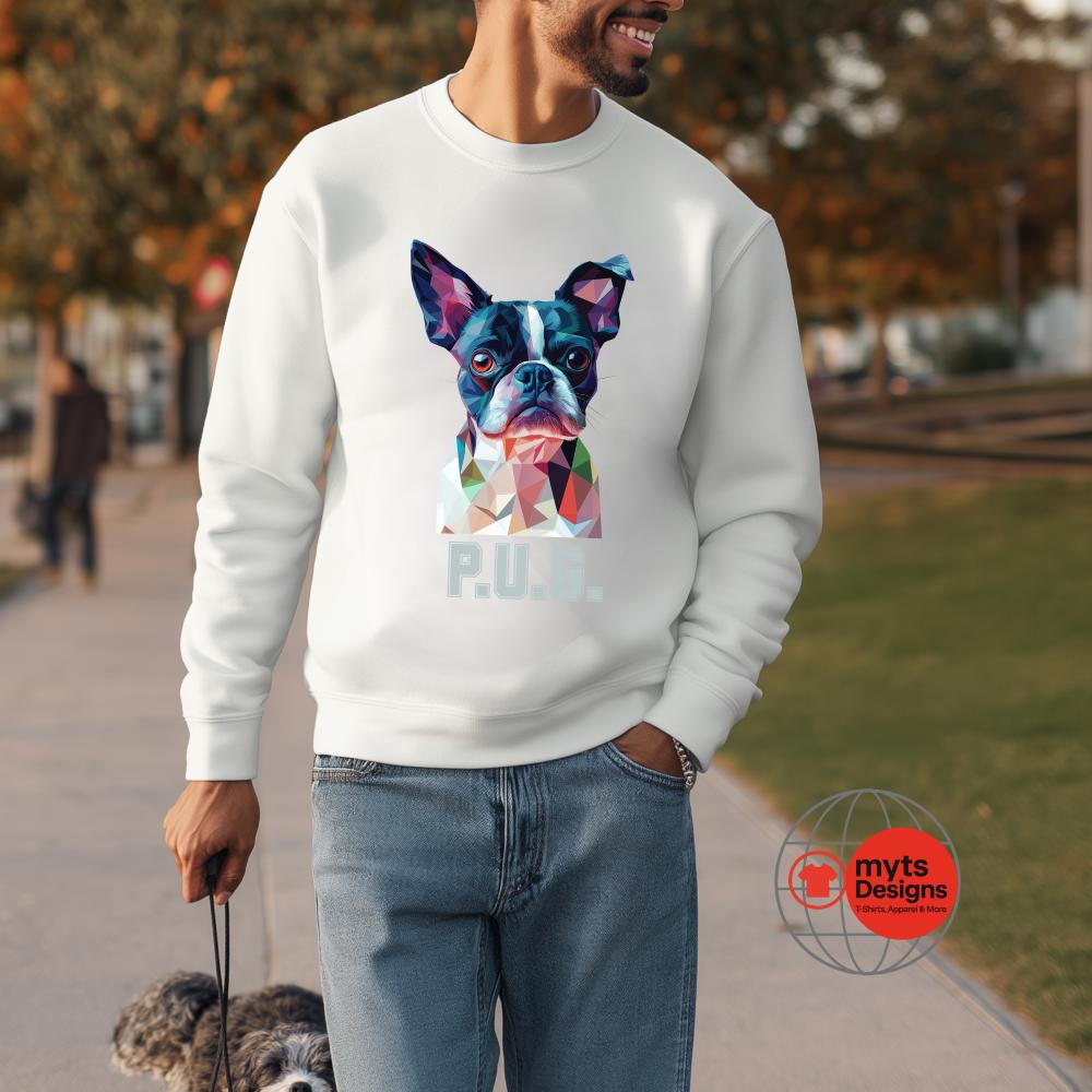 Person wearing a white sweatshirt with a colorful dog graphic and 'P.U.R.E.' text, standing outdoors.