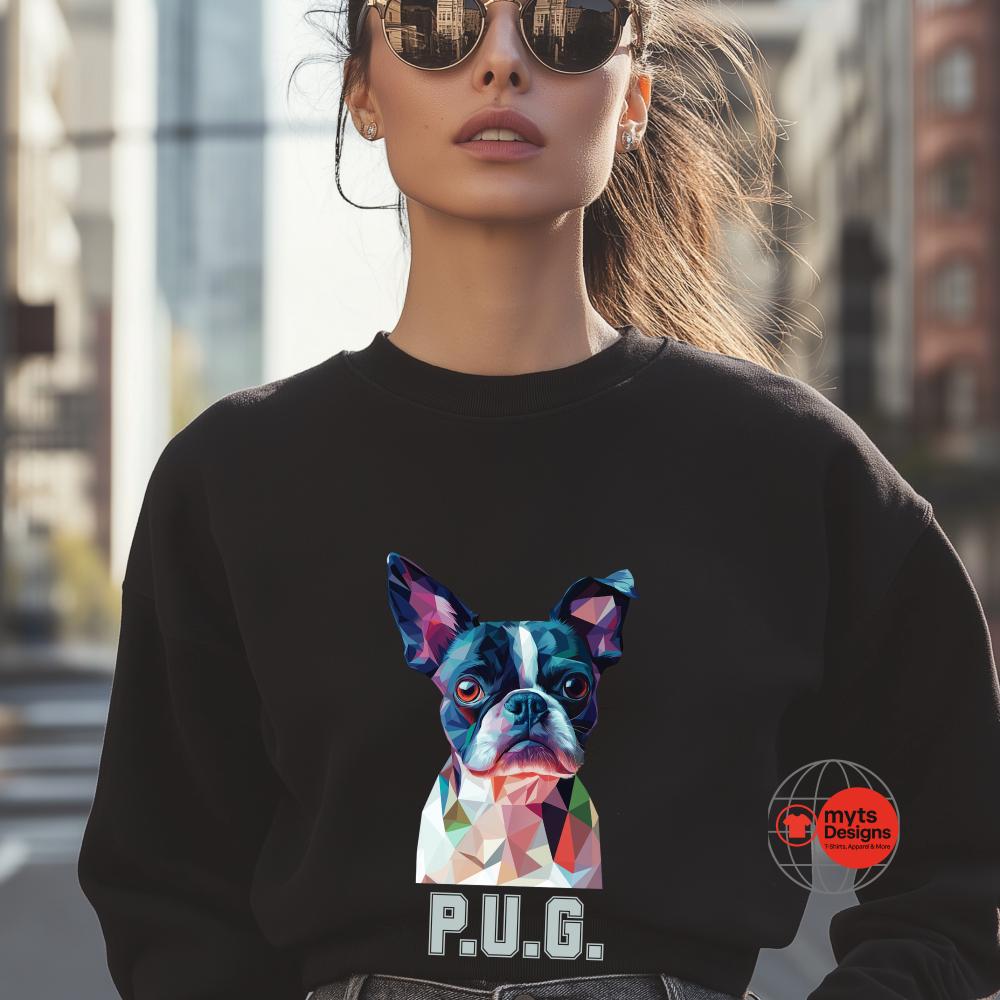 Person wearing a black sweatshirt with a colorful dog design and 'P.U.G.' text, standing in an urban setting.